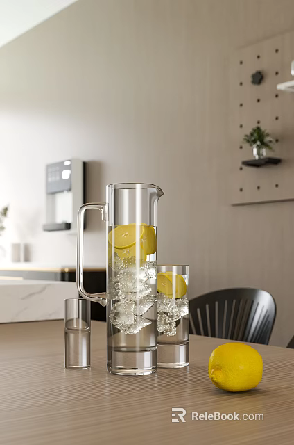Modern Kitchen Water Dispenser With Glass Pitcher Lemon And Ice Cubes 3d model 