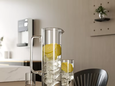 Modern Kitchen Water Dispenser With Glass Pitcher Lemon And Ice Cubes 3d model