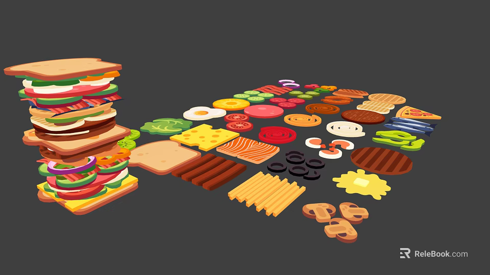 Assorted Delicious Food Items Including Sandwiches Burgers Vegetables Meats And Fries 3d model 