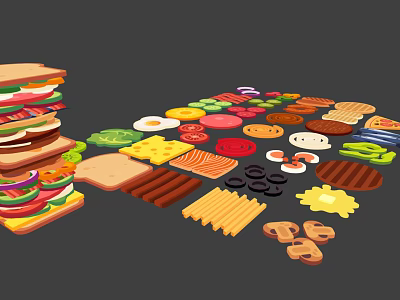 Assorted Delicious Food Items Including Sandwiches Burgers Vegetables Meats And Fries 3d model