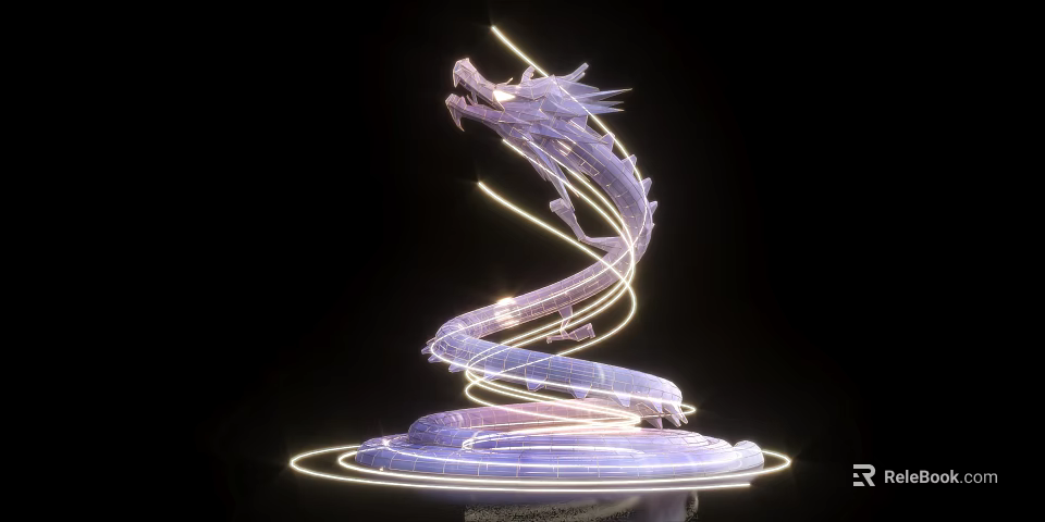 Glowing Dragon Sculpture with Spiral Light Lines and Base Glowing Ring on Black Background 3d model 