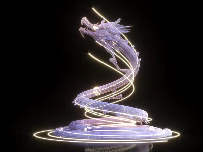 Glowing Dragon Sculpture with Spiral Light Lines and Base Glowing Ring on Black Background 3d model