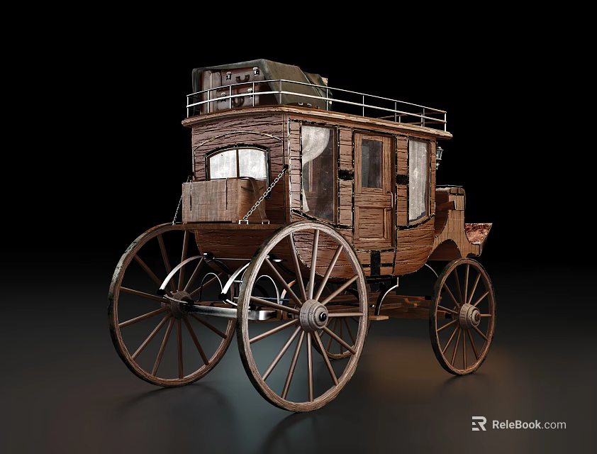 Vintage Wooden Horse Drawn Carriage With Large Wheels And Roof Storage Rack 3d model 