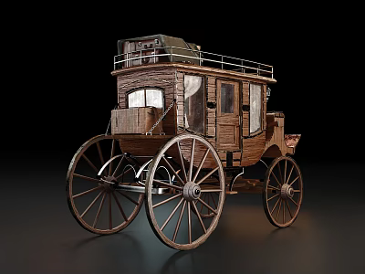 Vintage Wooden Horse Drawn Carriage With Large Wheels And Roof Storage Rack 3d model