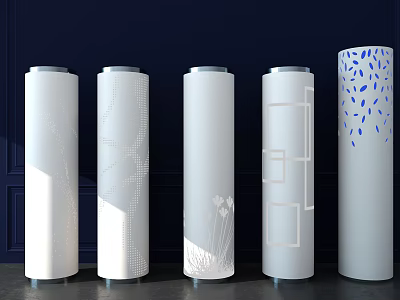 White Decorative Columns With Various Patterns And Blue Accents On Dark Blue Background 3d model