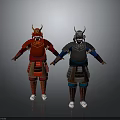 Men Wearing Red and Silver Traditional Samurai Armor Standing Full Body