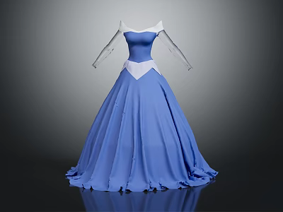 Elegant Princess Blue Gown With White Shoulder Accent Sheer Long Sleeves And Full Skirt 3d model