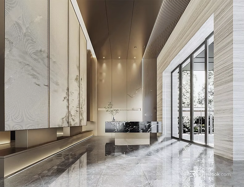 Modern Hotel Lobby Interior With Marble Flooring And Floor To Ceiling Windows 3d model