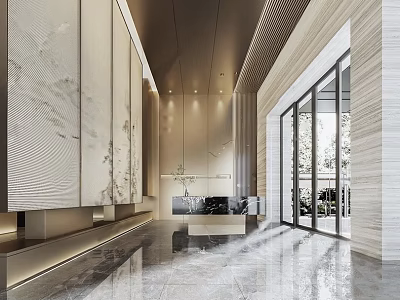 Modern Hotel Lobby Interior With Marble Flooring And Floor To Ceiling Windows 3d model