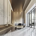 Modern Hotel Lobby Interior With Marble Flooring And Floor To Ceiling Windows