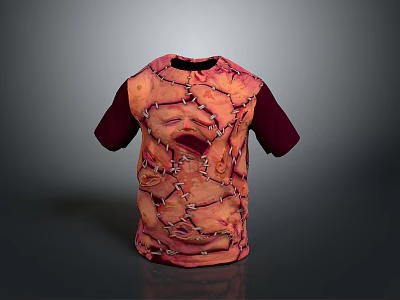Creative Pink Red T-shirt With Dark Red Sleeves And Crack Texture Eye Mouth Patterns 3d model
