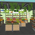 Fruit Store Interior With Wooden Shelves Various Fresh Fruits Green Plant Decorations And Bright Lighting