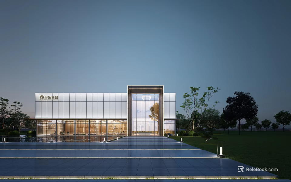 Modern Sales Office Building With Glass Facade Spacious Entrance And Landscaped Surroundings 3d model 