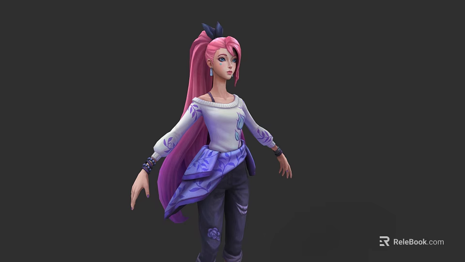 Woman With Pink Long Hair Ponytail Wearing White Top Purple Sleeves And Dark Pants 3d model 