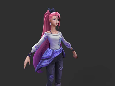Woman With Pink Long Hair Ponytail Wearing White Top Purple Sleeves And Dark Pants 3d model