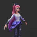 Woman With Pink Long Hair Ponytail Wearing White Top Purple Sleeves And Dark Pants
