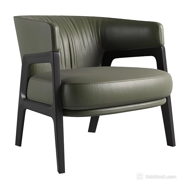 Modern Green Leather Single Sofa With Dark Wooden Frame And Comfortable Seat 3d model 