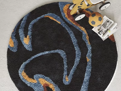 Round Black Rug With Blue Orange Swirl Patterns And Toy Airplane Soccer Ball Magazine 3d model