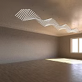 Modern Wave Shaped Striped Chandelier in Empty Room With Wooden Floor Gray Walls and Windows