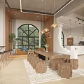 Modern Café Interior With Large Tree Arched Windows Natural Light And Wooden Seating