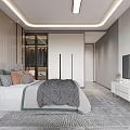 Elegant Modern Bedroom Interior With Gray Headboard Nightstands Wardrobes And Large Windows