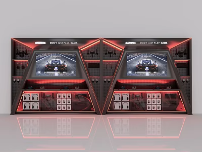 Racing Game Console With Dual Screens Red Lighting And Control Panels 3d model