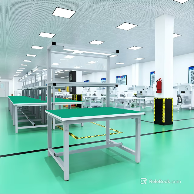 Industrial Equipment Workshop With Green Floor Metal Workbenches And Lighting Fixtures 3d model 