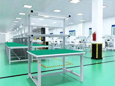 Industrial Equipment Workshop With Green Floor Metal Workbenches And Lighting Fixtures 3d model