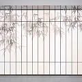 Minimalist Light Background Wall with Vertical Slats and Dark Bamboo Leaf Patterns 3d model