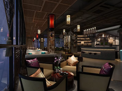 Traditional Chinese Tea House Interior With Wooden Ceiling Red Lanterns And Comfortable Seats 3d model