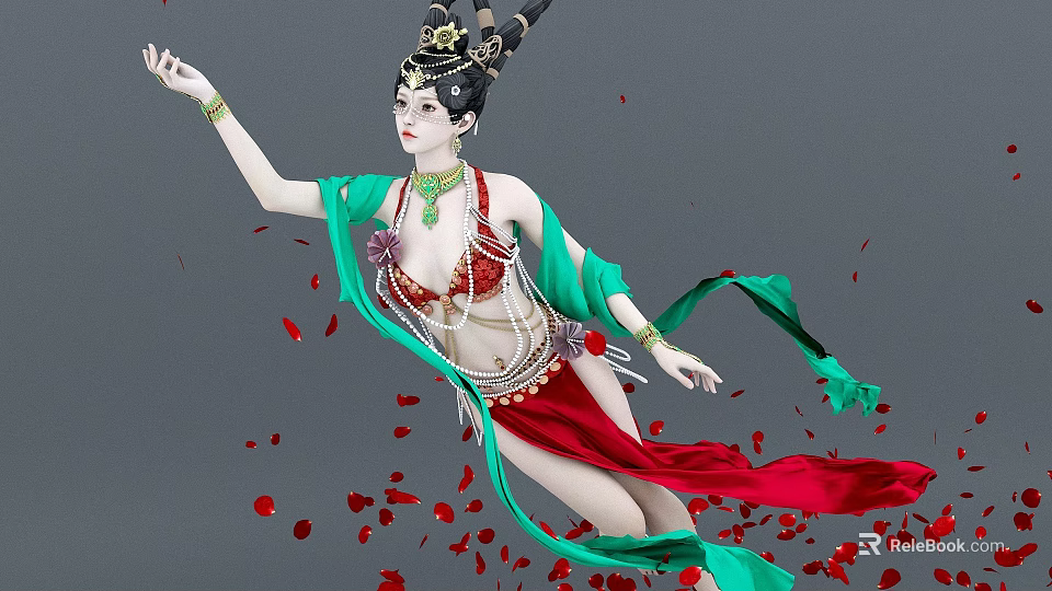 Dancing Woman In Traditional Green Red Flowing Robe With Ornate Headdress And Red Petals 3d model 