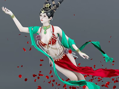 Dancing Woman In Traditional Green Red Flowing Robe With Ornate Headdress And Red Petals 3d model