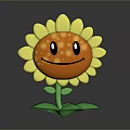 Cartoon Sunflower with Yellow Petals Orange Center Smiling Face and Green Leaves