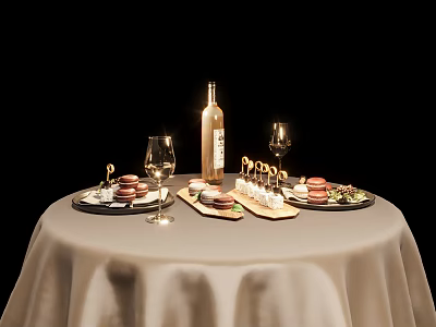 Elegant Tableware Set With Wine Bottle Glasses Plates And Desserts On Dining Table 3d model