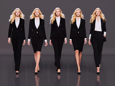 Group of Five Blonde Women in Black Suits and White Shirts Standing 3d model