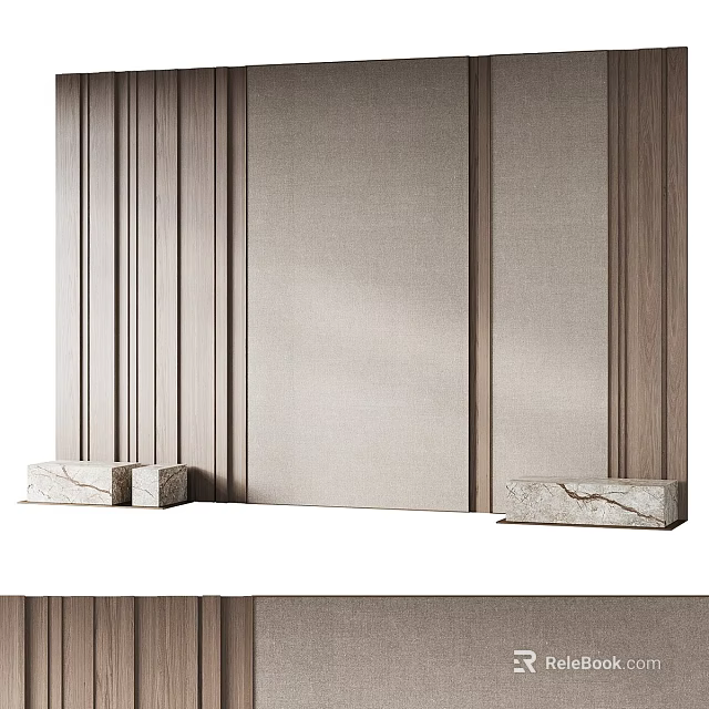 Stylish Bed Background Wall Design With Vertical Wooden Strips And Textured Neutral Panels 3d model 