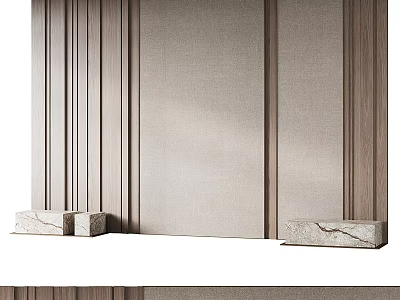 Stylish Bed Background Wall Design With Vertical Wooden Strips And Textured Neutral Panels 3d model