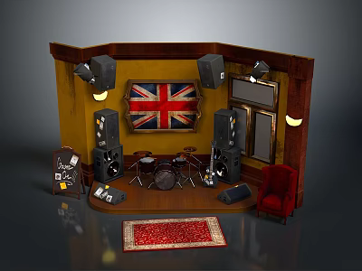 Vintage Music Stage Setup With Union Jack Speakers Drum Set Chair And Red Rug 3d model