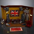 Vintage Music Stage Setup With Union Jack Speakers Drum Set Chair And Red Rug