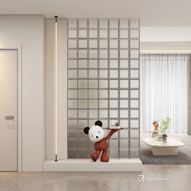 Modern Minimalist Entryway With Glass Block Wall Console Table And Decorative Figure 3d model 