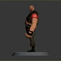 Bald Muscular Game Character With Red T-shirt Black Vest Ammunition Belt And Dark Boots