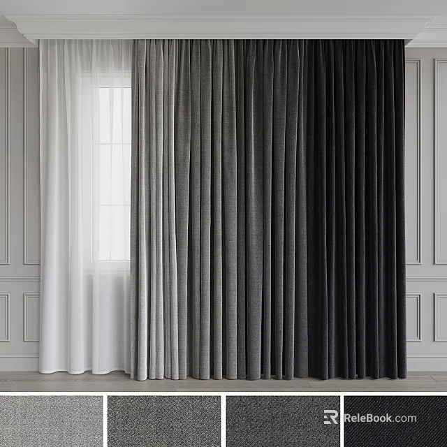 Stylish Curtains in White Light Gray and Dark Gray Textured Fabric with White Walls and Window 3d model 