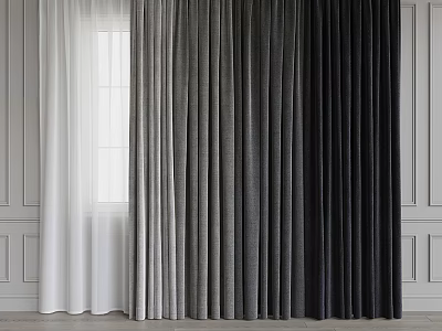 Stylish Curtains in White Light Gray and Dark Gray Textured Fabric with White Walls and Window 3d model