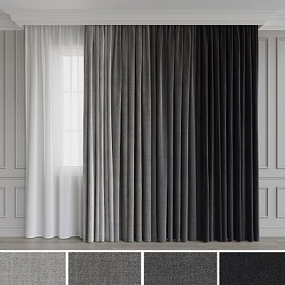 Stylish Curtains in White Light Gray and Dark Gray Textured Fabric with White Walls and Window 3d model