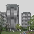 Modern High Rise Residential Buildings With Glass Facade Bright Windows Surrounding Trees And Street Lanterns