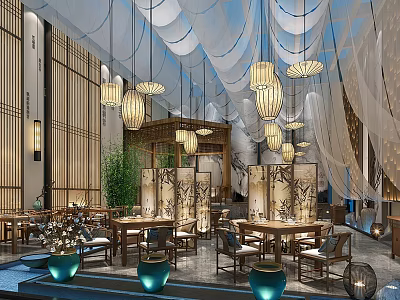 Traditional Chinese Restaurant Interior With Hanging Lanterns Decorative Screens Wooden Tables And Green Plants 3d model