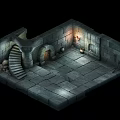Cartoon Style Stone Dungeon Scene With Spiral Staircase Lantern And Wooden Door