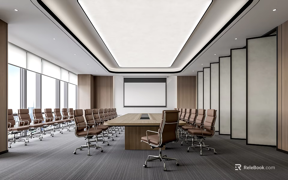 Modern Conference Room Interior With Long Meeting Table Leather Chairs Projection Screen And Large Windows 3d model 