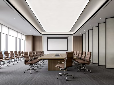 Modern Conference Room Interior With Long Meeting Table Leather Chairs Projection Screen And Large Windows 3d model