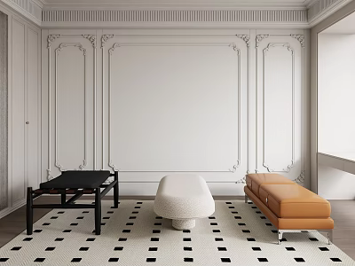 Stylish Indoor Stools Black White Round Orange Bench on Black White Checkered Carpet 3d model